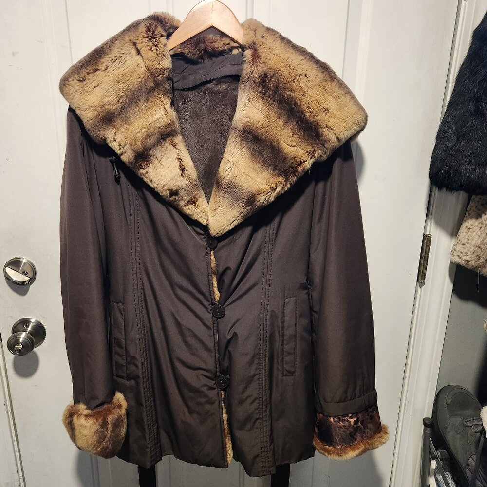 Fortuna Womens Large Hooded Jacket with Removable Fur Lining and Rex Rabbit Trim